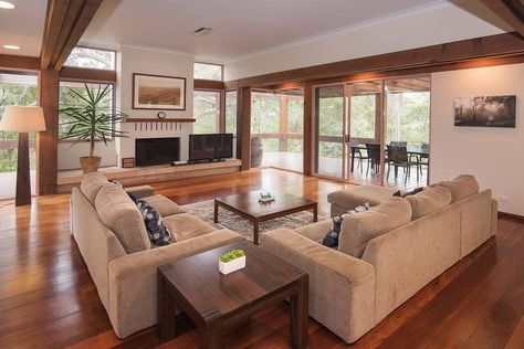 Wilyabrup River Retreat Living Room Mahogany Floor, Mahagony Floor Interior, Brown Parket Floor Living Room, Mahogany Floors Living Room, Red Wood Floors Living Rooms, Cherry Red Hardwood Floors Living Room, Wormy Chestnut Flooring, Mahogany Flooring, Living Room Redesign