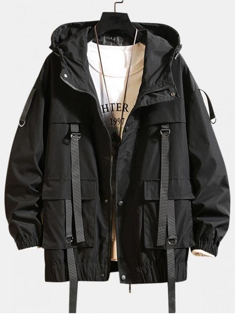 Solid Color Pocket Decorated Hooded Jacket - Black 2xl #mensfashion #mensclothing #clothes #outwear #jacket #coat Black Jacket Ideas, Cool Outfits For Men Aesthetic, Techwear Jackets Men, Jacket Outfit Drawing, Black Clothes Men, Draw Jacket, Anime Clothes Outfits, Jacket Drawing Reference, Cyberpunk Coat