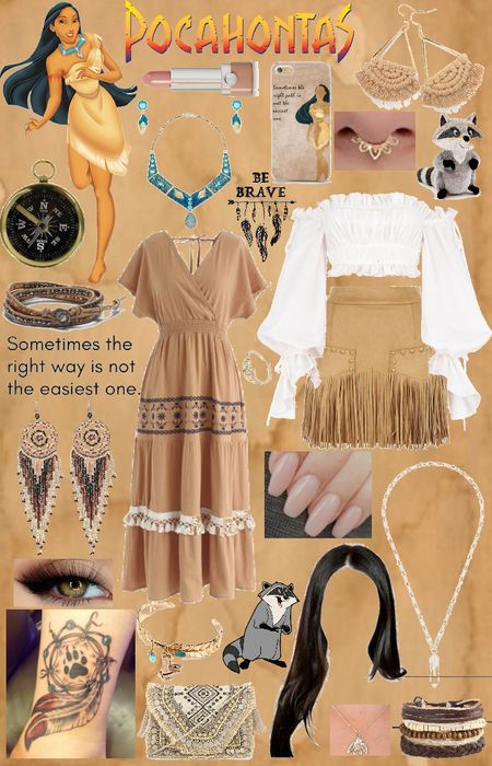 Disney Bounding Pocahontas, Modern Day Pocahontas Outfits, Pocahontas Halloween Costume Women, Pocahontas Aesthetic Outfit, Modern Pocahontas Outfit, Pocahontas Modern Outfit, Pocohantas Costume Women, Diy Pocahontas Halloween Costume, Pocahontas Inspired Outfits