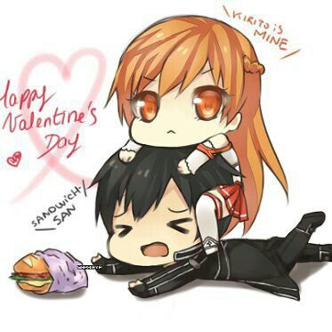 Happy Valentine's Day, text, cute, chibi, Asuna, Kirito, couple, sandwich, funny; Sword Art Online Two Anime Characters, Accel World, Kirito Asuna, Art Manga, Wallpaper Animes, 5 Anime, Cute Chibi, Light Novel, Anime Kawaii