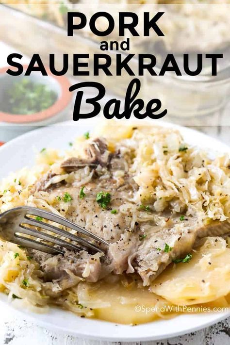 Pork and Sauerkraut is a simple casserole that everyone in my family LOVES! Layers of tender potatoes, melt in your mouth pork chops and zesty apple sauerkraut! #pork #sauerkraut #easyrecipe #dinner #casserole Crockpot Pork And Sauerkraut, Pork Sauerkraut, Casseroles Chicken, Pork And Sauerkraut Recipe, Pork Roast And Sauerkraut, Pork Chops And Sauerkraut, Pork And Sauerkraut, Pork Dinners, Chicken Divan