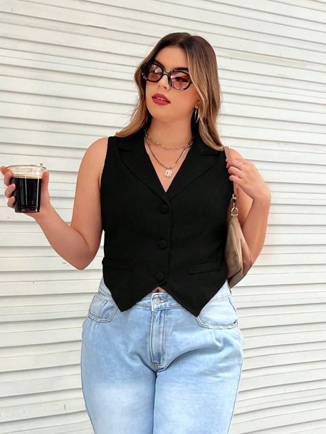 Black Elegant Collar Sleeveless Woven Fabric Plain vest Embellished Non-Stretch  Women Plus Clothing Black Button Up Vest Outfit, Black Vest Top Outfit, Suit Vest Outfits For Women, Sleeveless Vest Outfit, Vest Top Outfits, Suit Vest Outfits, Black Vest Outfit, Goa Outfits, Ladies Waistcoat