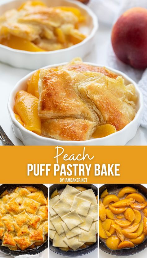 A peach puff pastry bake served in a white dish on a white surface with a fresh peach in the background. Peach Puff Pastry Bake, Fresh Peach Puff Pastry Desserts, Peach Dessert With Puff Pastry, Peach Cobbler Puff Pastry, Puff Pastry And Peaches, Peach Danish Puff Pastries, Puff Pastry With Peaches, Puff Pastry Recipes Dessert Fruit, Peach Cobbler With Puff Pastry Crust