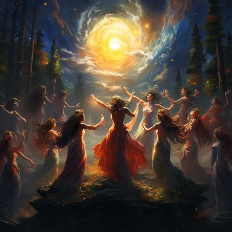 Witches Dancing Around Fire, Dancing Around Fire, Dancing Around A Fire, Priestess Aesthetic, Dancing Under The Moon, Faerie Aesthetic, Witches Dance, Conifer Forest, Sun Dance