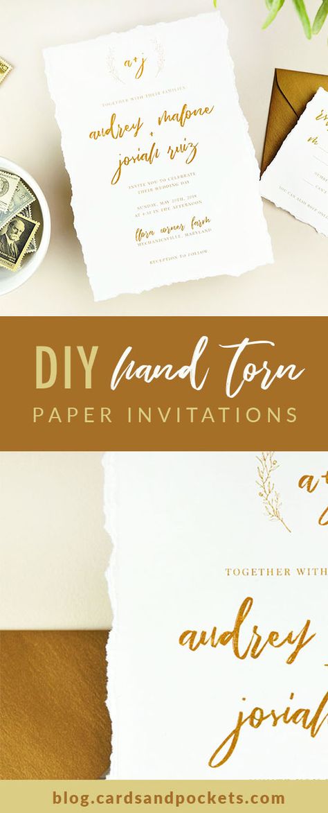 DIY  your own deckled edge wedding invitations with this easy step-by-step tutorial. No need for handmade cotton paper - you can use textured cardstock with hand torn edges for the same soft and romantic look. Learn how at: http://blog.cardsandpockets.com/2018/03/15/diy-hand-torn-paper-wedding-invitations/ Destination Wedding Themes, Paper Wedding Invitations, Deckled Edge Paper, Wedding Invitation Kits, Pockets Design, Lace Wedding Invitations, Paper Wedding, Invitation Kits, Laser Cut Wedding Invitations