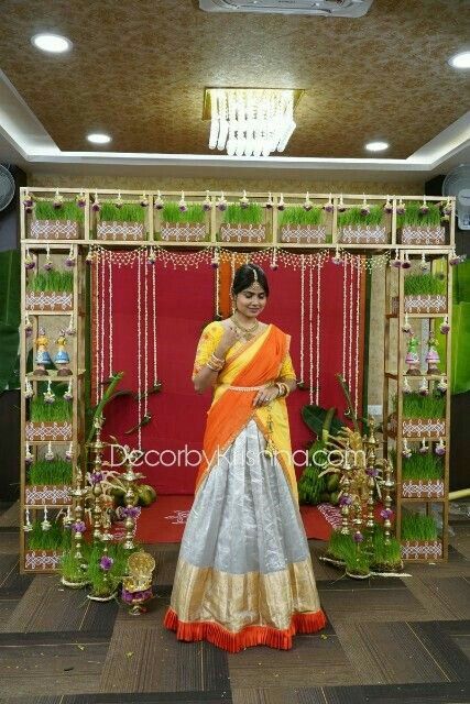 Half Saree Lehenga Langa Voni, Pellikuthuru Decor, Hindu Wedding Decorations, Indian Baby Showers, Traditional Decoration, Cradle Ceremony, Langa Voni, Dance Decorations, Wedding Hall Decorations