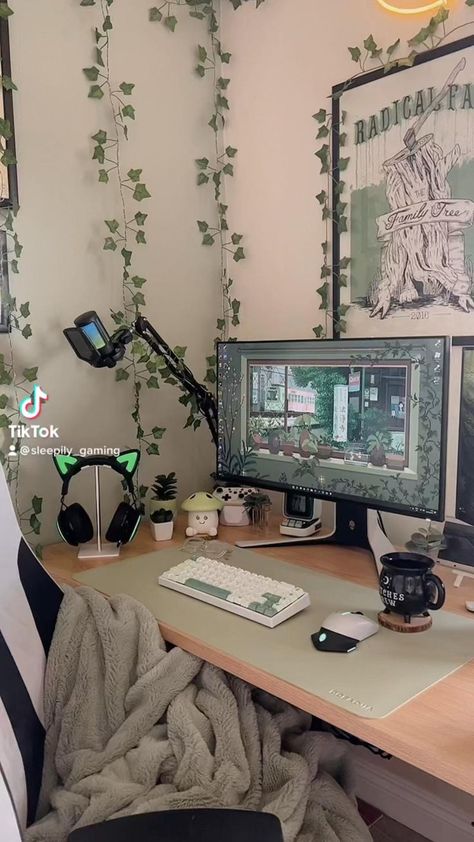 Desk In Closet Aesthetic, Dark Gaming Setup Aesthetic, Earthy Gaming Setup Aesthetic, Forestcore Gaming Setup, Aesthic Desk Ideas, Cozy Streaming Room, Aesthetic Streaming Room, Drawing Tablet Desk Setup Aesthetic, Subtle Anime Room Decor