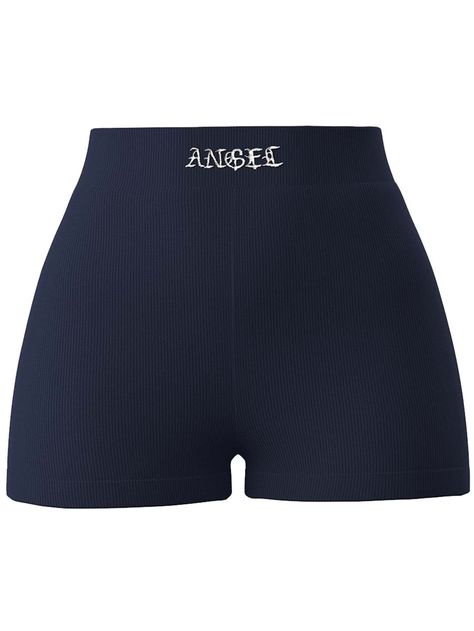 Navy Blue Sporty Collar  Polyester Letter Biker Shorts Embellished Slight Stretch Spring/Summer/Fall Women Bottoms Navy Blue Clothes, Short Shein, Shorts Grunge, Sporty Clothes, Short Azul, Cute Bottoms, Shein Shorts, Women Bottoms, Sporty Shorts