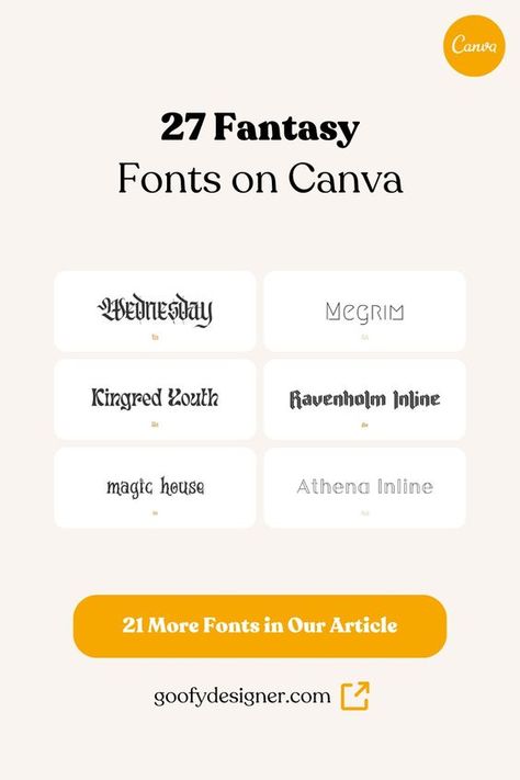 Find out the best fantasy and magical Canva fonts out there. Check out my article where you’ll find amazing font inspiration for fantasy and magical Canva fonts. #fonts #fontideas #fontinspiration #bestfonts #fantasyfonts #magicalfonts Canva Gothic Fonts, Fantasy Fonts Canva, Dreamy Canva Fonts, Canva Fonts Keyword, Canva Font Ideas, Kode Canva, Fantasy Font, Poster Konser, Fancy Fonts Alphabet