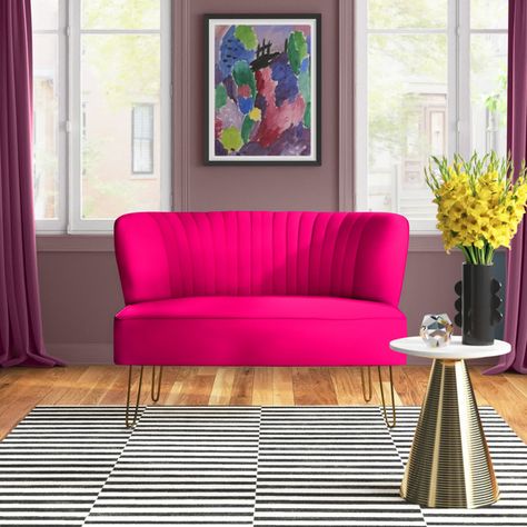 Pink Velvet Loveseat, Nola Decor, Spring Cushions, Pink Loveseat, Small Loveseat, Colorful House, Small Family Room, Velvet Loveseat, Basement Makeover