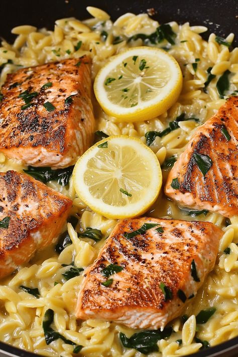 Salmon And Orzo, Salmon Orzo, Cheesy Orzo, Sausage Pie, Hamburger And Potatoes, Creamy Orzo, Salmon With Lemon, Layered Potato, Lemon Orzo