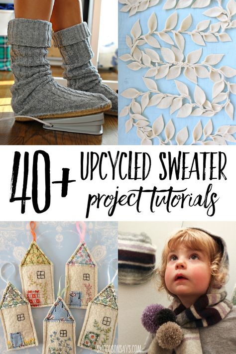 Save those old sweaters and use them for one of these creative upcycled sweater tutorials! Fun ways to use up old wool sweaters for wearing, crafts, decoration, and gifts. Loads of sweater upcycle inspiration here! #sewing #upcycling Old Jumper Upcycle, Felted Jumper Upcycle, Clothing Redo Upcycling, Upcycled Sweater Projects, Reuse Sweaters Upcycling Ideas, Sweater Bags Diy, Recycled Sweater Crafts, Diy Old Sweaters Ideas Upcycle, Recycled Sweaters Upcycling