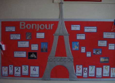 French Class Decoration Ideas, French Bulletin Board Ideas, French Bulletin Boards, French Classroom Decor, French Display, French Ideas, Basic French, Class Displays, French Teaching Resources