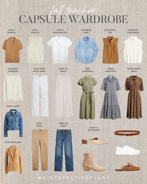 Teacher Fall Capsule Wardrobe 2023 - Pinteresting Plans Capsule Wardrobe Teacher, Teacher Wardrobe Capsule, Simple Teacher Outfits, Fall Capsule Wardrobe 2023, Teacher Capsule Wardrobe, Capsule Wardrobe 2023, Capsule Wardrobe Dresses, Appropriate Outfits, Business Casual Dress Code