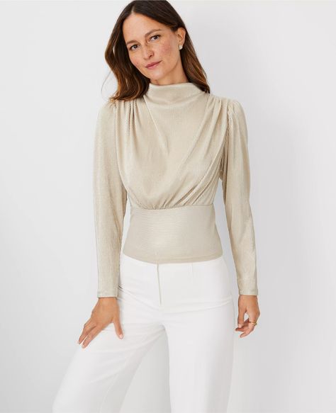 Metallic Draped Cowl Neck Top Shirred Sleeve, Female Features, Ann Taylor Petite, Knitted Suit, Hip Style, Cowl Neck Top, Night Wear, Outfit Making, Petite Tops