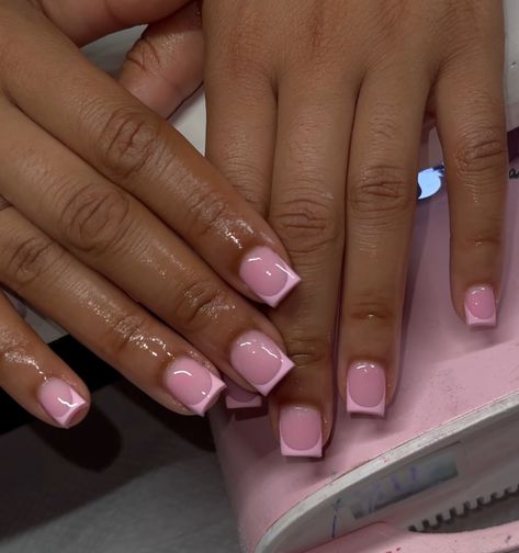 Short Baby Pink French Tip Nails, Short Pink Set Nails, Short Nail Set Ideas Simple, Pastel Pink French Tip Nails, Pretty Pink Nails Short, Short Cute French Tip Nails, Pink Overlay Nails, Cute Short Nail Sets Pink, Cute Overlay Nails