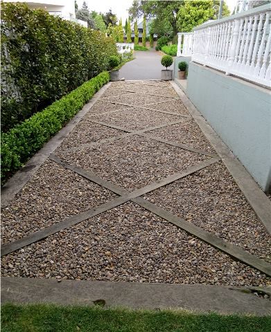 Wood And Gravel Walkway, Gravel Garden Design Layout, Parking Pads In Front Of House, Front Gravelled Garden, Driveway Hardscape Ideas, Gravel Parking Pad Front Yards, Pebble Driveway Pea Gravel, Gravel Front Walkway, Parking Pad Landscaping