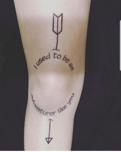 Arrow In The Knee Tattoo, Arrow To The Knee Tattoo, Skyrim Arrows, Skyrim Tattoo Ideas, Bestie Tats, Skyrim Tattoo, The Knee Tattoo, Leg Patchwork, Tattoo Arrow