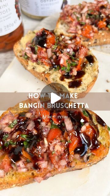 Renu Bhardwaj on Instagram: "Recipe here 👇🏽 follow @hey_renu Easy bruschetta toast idea 👉🏽Save recipe Viral recipe 4 Bruschetta is my ultimate comfort food! Crispy sourdough bread, onions, basil, garlic and sweet little Datterini Tomatoes from @odysea_ltd vine-ripened before being gently semi-dried. Ingredients: -Sourdough bread -2 tbsp @odysea_ltd’s Datterini Tomatoes chopped + 2 tsp oil -1/2 Medium onion finely chopped -6 Basil leaves finely chopped -1 tsp minced garlic -1 tsp salt, pepper, oregano, optional chilli flakes. Method: -Finely chop and add all ingredients to a bowl -Grill your sourdough bread -Scrape your bread with a piece of garlic -Add the bruschetta mix -My secret ingredient: Aubergine Meze -Finish with a drizzle of @odysea_ltd’s Balsamic glaze. . . . . #bruschetta Bruschetta Toast, Easy Bruschetta, Balsamic Glaze, Chilli Flakes, Basil Leaves, Ultimate Comfort Food, Secret Ingredient, Sourdough Bread, Save Food