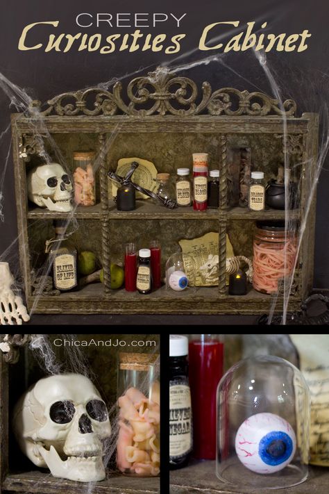 Diy Spooky Decor, Curiosities Cabinet, Creepy Doll Halloween, Horror Crafts, Halloween Maze, Shrines Art, Calligraphy Doodles, Halloween Entertaining, Bookcase Diy