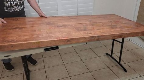 This post was transcribed by a member of the Hometalk editorial team from the original HometalkTV episode.My wife has an old game table that we have in the corner of our room, and I wanted to spruce it up. Fold Over Table Top, How To Make A Wood Table Top, Wooden Top For Folding Table, Folding Table Storage Ideas, Farmhouse Table With Folding Legs Diy, Metal Picnic Table Makeover, Plastic Foldable Table Makeover, Wooden Folding Table Diy, Wood Top For Folding Table