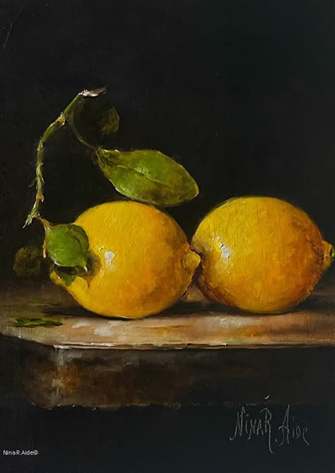 Lemon Kiss by Nina R. Aide, Oil, 7(17.78cm) x 5(12.7cm) x 1/8(5mm) Paintings Of Lemons, Painting Lemons Acrylic, Lemon Acrylic Paintings, Lemon Art Paintings, Painting Values, Lemon Oil Painting, Lemons In A Bowl, Lemons Painting, Lemon Kiss