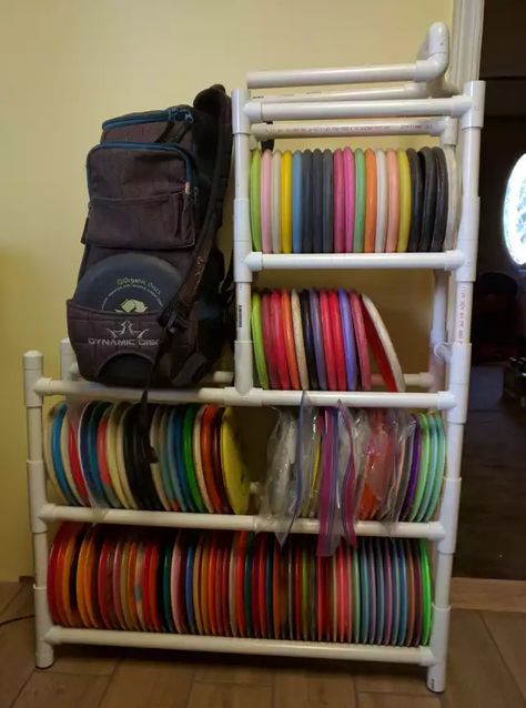 PVC Disc Rack - Imgur Diy Disc Golf Rack, Disc Golf Storage, Golf Storage, 3d Printing Toys, Shot Glass Holder, Work Room, Pvc Pipe, Disc Golf, Storage Rack