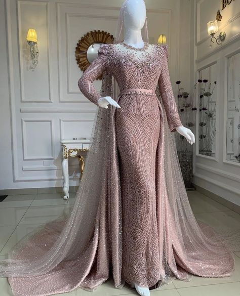 Modest Haute Couture, Evening Dress Modest, Dress Pengantin, Raya Dress, Wedding Dress Hijab, Malay Wedding Dress, Muslim Wedding Gown, Beige Embroidery, Kebaya Wedding