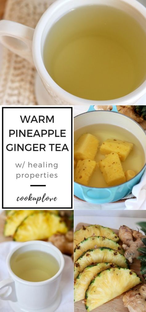 This Pineapple Ginger Tea is healthy with healing powers! It's sweet and delicious- perfect for serving to guests over the holidays or enjoying at home if you're sick. It only has 5 ingredients: filtered water, pineapple, fresh ginger root, lemon juice and sweetener. It's clean eating, vegan, dairy free and paleo! Healing Tea Recipes, Pineapple Tea, Ginger Tea Recipe, Pineapple Ginger, Clean Eating Vegan, Tea Drink Recipes, Drink Healthy, Inflammatory Recipes, Healing Tea