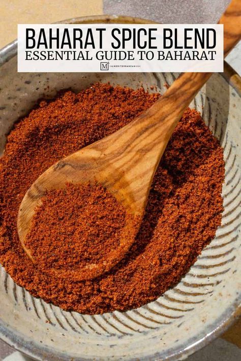 Baharat is a warming Middle Eastern spice blend with paprika, cinnamon, cumin, coriander, allspice, nutmeg and more. Learn all about baharat spice in this essential guide! Mediterranean Spice Blend, Za'atar Recipe, Mediterranean Seasoning, Vegan Chocolate Pudding, Mediterranean Diet Recipes Dinners, The Mediterranean Dish, Mediterranean Spices, Spice Mix Recipes, Homemade Spice Blends