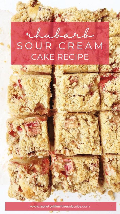 This Rhubarb Sour Cream Snack Cake is a delicious way to use up fresh rhubarb! Made with a sweet vanilla cake base, a tart rhubarb centre and a soft crumble topping. So good. Blueberry Buttermilk Breakfast Cake, Rhubarb Pudding, Rhubarb Coffee Cakes, Fresh Rhubarb, Rhubarb Desserts, Thanksgiving Cakes, Cake Base, Sour Cream Cake, Tart Dessert