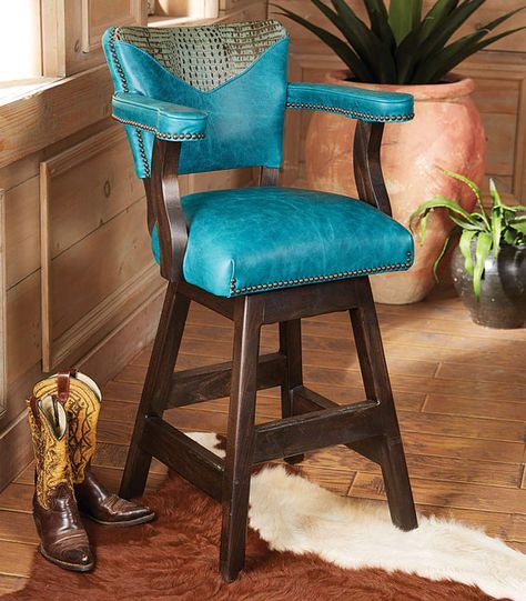 Laramie Plains Turquoise Barstool Western Chairs, Forest Bar, Western Bar Stools, Bar Furniture For Sale, Western Bedding Sets, Western Bar, Island Chairs, Western Bedding, Black Forest Decor