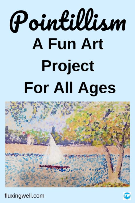 Pointillism is an art project that anyone can be successful with! From the youngest elementary students to senior citizens, everyone can learn how to paint creatively in this Impressionistic style. Learn about pointillism, a fun modern painting technique. #art #artprojects #DIY #pointillism #teachers #artforkids #artwork #teaching #summer #easy Student Art Projects Elementary, Pointalism Art Ideas, Pointillism Easy, Seurat Art Projects For Kids, Pointillism Art Projects, Pointilism Art Ideas, Pointillism For Kids, Art Project Elementary, Qtip Painting