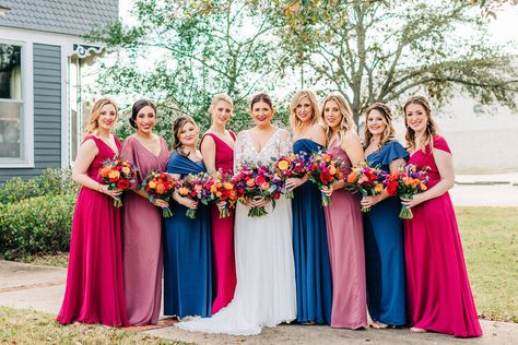 Mismatched Bridesmaid Dresses in Mauve Raspberry Royal Blue Colors with vibrant floral for an Anthropologie-chic wedding designed by Epoch Co+ | Micro Wedding Private Estate College Station Wedding Planners Epoch Co+ | Photos by Houston Wedding Photographers Bonner Rhae Magenta Bridesmaid Dresses Mismatched, Fuscia Bridesmaids Dress, Raspberry And Blue Wedding, Magenta And Navy Blue Wedding, Vibrant Bridesmaid Dresses, Pink Bridesmaid Dresses Summer, Alia Wedding, Magenta Bridesmaid Dresses, Bright Bridesmaid Dresses