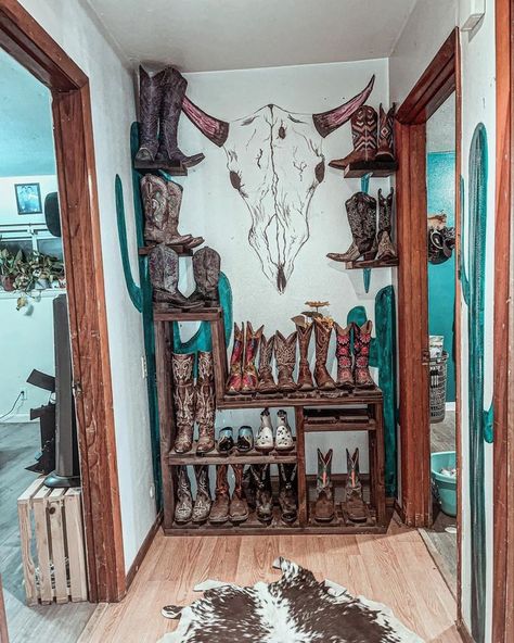 Western Style Bedroom Ideas Rustic, Western Dressing Room Ideas, Western Home Amazon Finds, Western Bedroom Wall Ideas, Western Room Color Ideas, Cowgirl Boot Organization, Retro Western Aesthetic Room, Western Room Paint Ideas, Cowgirl Hippie Aesthetic