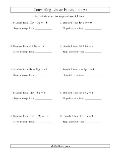 The Converting from Standard to Slope-Intercept Form (A) math worksheet from the Algebra Worksheets page at Math-Drills.com. Basic Algebra Worksheets, Point Slope Form, Writing Linear Equations, Graphing Linear Equations, Solving Linear Equations, Writing Equations, Slope Intercept Form, Linear Function, Algebra Worksheets