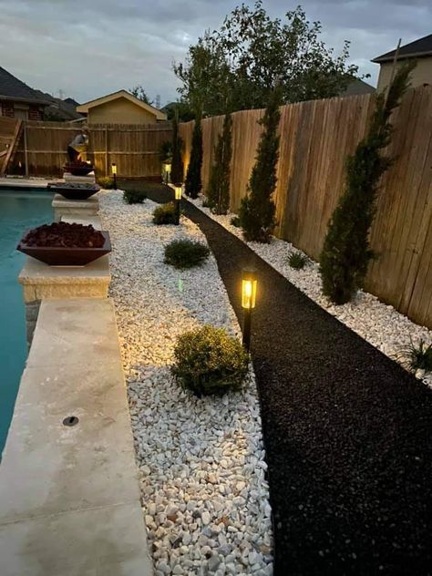 Black Rock Landscaping, Landscaping Around Pool, Landscaping Rocks, Rectangle Pool, Dream Backyard Pool, Pathway Landscaping, Arizona Landscape, Outdoor Patio Space, Backyard Pool Landscaping