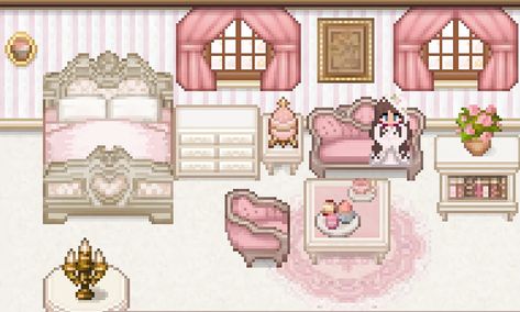 Opulence at Stardew Valley Nexus - Mods and community Princess Pink Room, Stardew Valley Mods, Stardew Valley Layout, Valley Game, Star Valley, Stardew Valley Fanart, Mod Furniture, Lovely Kitchen, Kawaii Games