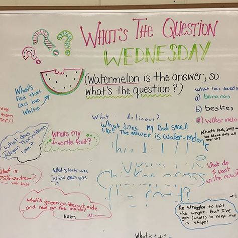 WHAT'S THE QUESTION WEDNESDAY Watermelon is the answer. What is the question ? #miss5thswhiteboard Wednesday Whiteboard, Whiteboard Prompts, Whiteboard Questions, Whiteboard Writing, Whiteboard Ideas, Whiteboard Messages, Responsive Classroom, Morning Activities, Morning Meetings