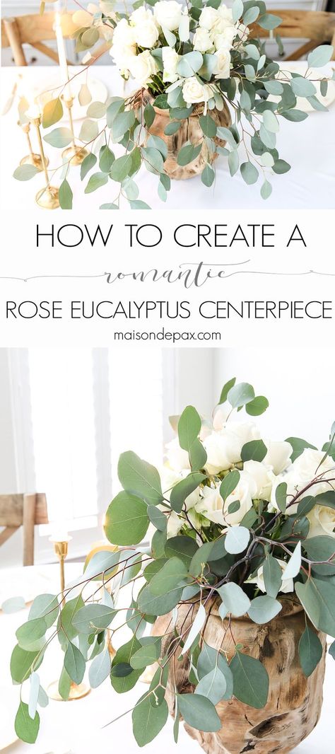 How to create a romantic centerpiece: white roses and eucalyptus centerpiece make a gorgeous, simple spring table - perfect for Easter, Valentines Day, or any celebration #eastertable #springtable #tablescape #eucalyptus #centerpiece #vintagechina #goldflatware #easterdecor Roses And Eucalyptus Centerpiece, White Roses And Eucalyptus, Rose And Eucalyptus, Eucalyptus Centerpiece, Roses And Eucalyptus, Romantic Centerpieces, Country Holiday, Foto Baby, Spring Table