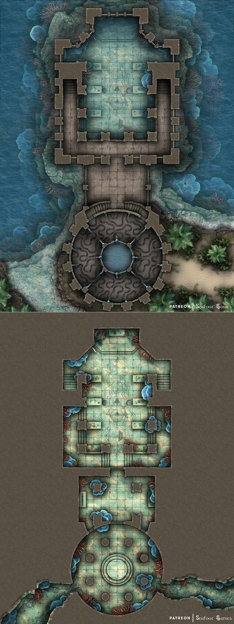 Temple Battlemap, Sunken Temple, Cartographers Guild, Water Temple, Building Map, Tabletop Rpg Maps, Map Pictures, Dungeon Maps, D D Maps