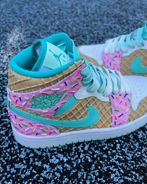 We are releasing a new flavor tomorrow called Strawberry Mint Ice cream Jays in limited quantities! What do you think? Tell a friend!! 🍓🍃 Sign up to be notified in stories! #shoebakery #customshoes #handmade #icecreamshoes #customs #customjordans #customsneakers Shoe Bakery, Nike Shoes Women Fashion, Nike Products, Pretty Sneakers, Boty Nike, Mint Ice Cream, Strawberry Mint, Nike Fashion Shoes, Preppy Shoes