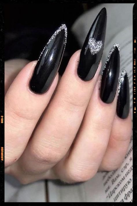 Black Nails Silver Tips, Black Glam Nails Sparkle, Black Nails With Silver Tips, Black Sparkly Nails Acrylic, Black Crystal Nails, Glittery Black Nails, Sparkly Nails Acrylic, Sparkly Black Nails, Black Sparkle Nails