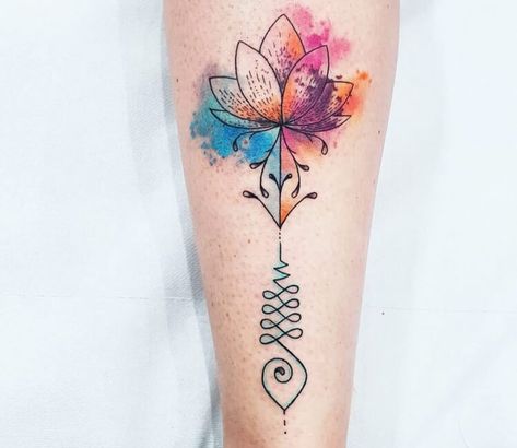 Colorful Lotus Tattoo, Colour Lotus Tattoo, Unalome Watercolor Tattoo, Watercolor Lotus Flower Tattoo, Watercolour Lotus Tattoo, Lotus Flower Watercolor Tattoo, Watercolor Lotus Tattoo, Lotus Flower Tattoo Meaning, Calf Tattoos For Women