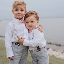 Toddler Ring Bearer, Ring Bearer Beige Outfit, Pageboy And Flowergirl, Ring Bearer Blush Pink, Bow Tie And Suspenders Wedding Kids, Wedding Kids Outfit, Shot Glasses Wedding Favors, Pastel Pink Weddings, Pink Pages