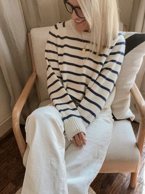 (Re)sourced Cashmere Crewneck … curated on LTK Striped Crewneck Outfit, Crewneck Outfit, White Jeans Winter, Errands Outfit, Striped Crewneck, Puffy Vest, Winter White, White Denim, Stripe Sweater