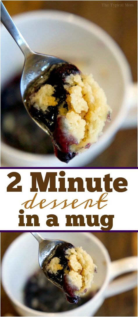 This cobbler dessert in a mug is fantastic! Tastes like blueberry or strawberry cobbler and just takes less than 2 minutes to make this dessert for one. via @thetypicalmom Cookie For One, Dessert For One, Mug Cookie, Dessert In A Mug, Microwave Dessert, Muffin In A Mug, Strawberry Cobbler, Cookie In A Mug, Dessert For Two