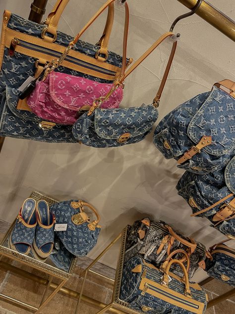 Louis Vuitton vintage bags early 2000s monogram pattern, pink, blue bags, shoes it girl Dior Bags Vintage, 2000s Designer Bags, Denim Louis Vuitton Bag, Vintage Louis Vuitton Bag, Lv Denim Bag, Y2k Louis Vuitton, Louis Vuitton Denim Bag, 2000s Bags, Denim Louis Vuitton