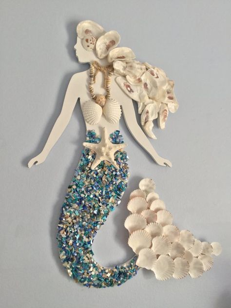 Seashell Mermaid Wall Decor | Etsy Seashell Mermaid Wall Art, Mermaid Diy Crafts, Clubhouse Ideas, Mermaid Wreath, Mermaids On Wood, Seashell Mermaid, Shell Projects, Glass Mermaid, Wall Decor Blue