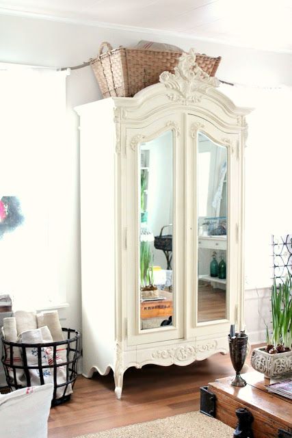 A Fresh New Look | rusty hinge Mirror Armoire, Armoire Ideas, White Armoire, Muebles Shabby Chic, Mirrored Armoire, Mirrored Doors, French Armoire, تصميم داخلي فاخر, White Wardrobe